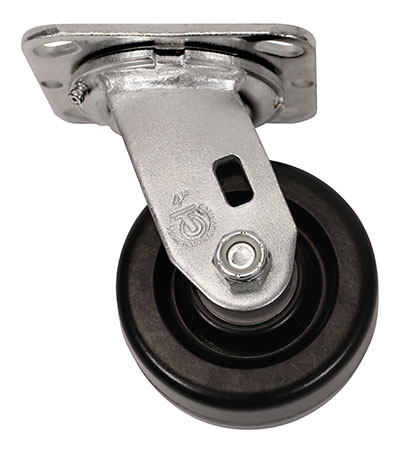 Side view of swivel caster with black wheel